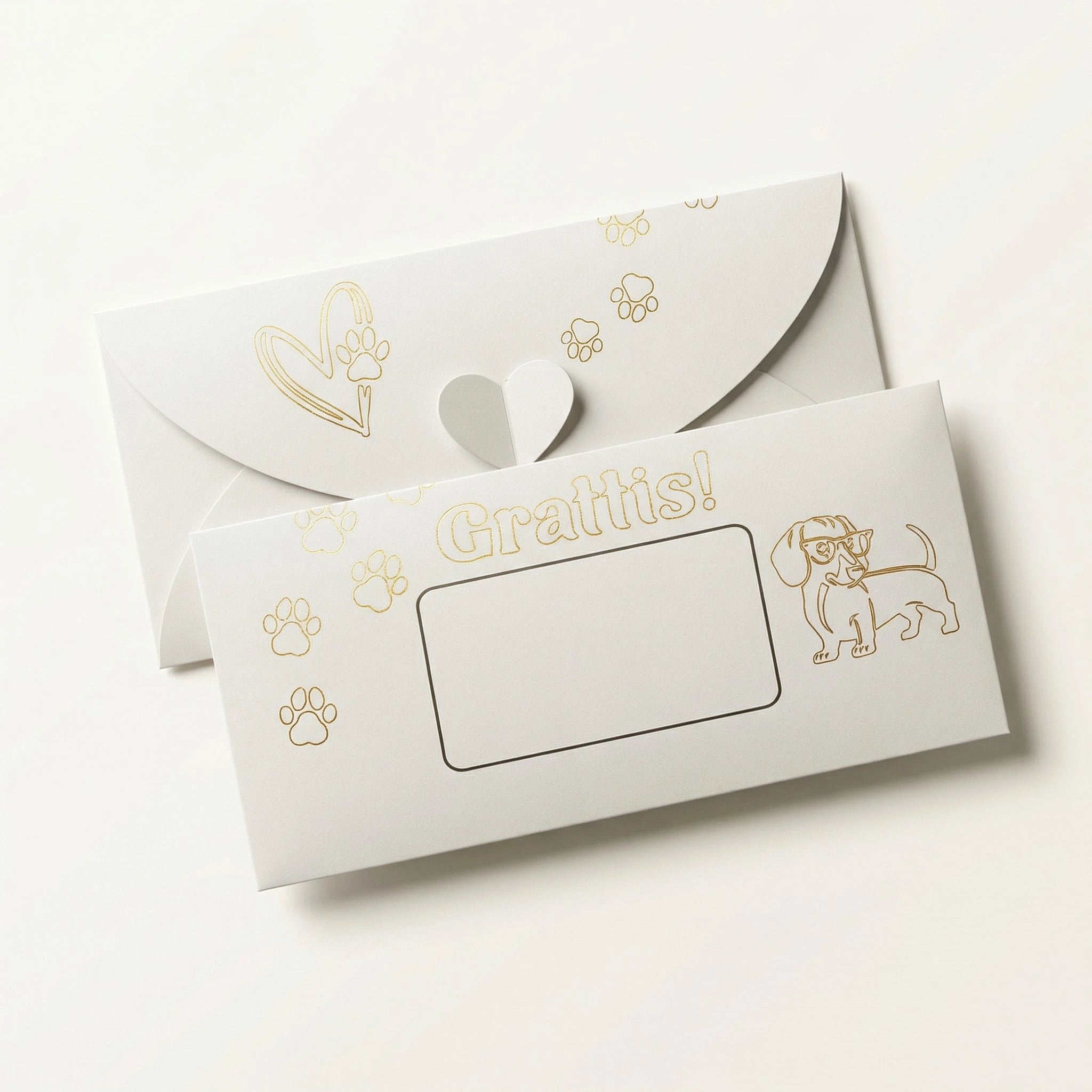 Dachs hund konvolutt med nydelige gulldetaljer som er stemplet ned i kortet. Dette er et beige kort med en søt dachshund som har på seg solbriller. Kortet har også poter og hjerte på seg. Teksten på kortet er "Grattis!" og det er et egent felt på kortet hvor man kan skrive sin egen tekst eller hvem kortet og konvolutten er til. 