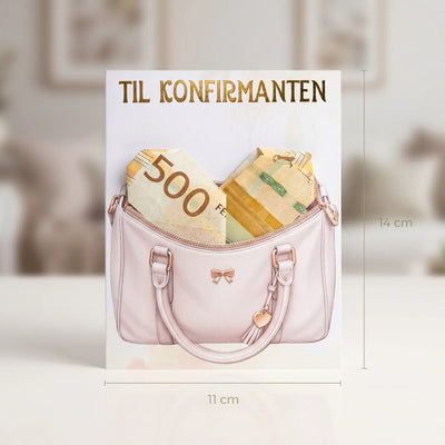 Dobbelt åpningskort til konfirmanten. Perfekt gave til jenten som ønsker seg penger i konfirmasjonsgave. Putt pengene du ønsker å gi til konfirmanten oppi vesken på framsiden av kortet. Skriv ønsket tekst inni kortet, og legg den i konvolutten. Bilde viser kortet og størrelsen på kortet. Kortet er 11cm langt og 14 cm høyt uten konvolutten. 
