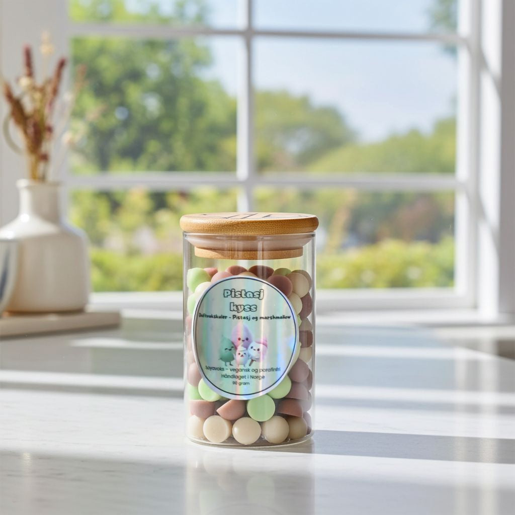 Duftvoks kuler håndlaget av soyavoks og bivoks. Disse kulene har en fantastisk duft av Pistasj og marshmellows som fyller rommet. Kulene har fargene grønn, brun og beige og kommer i en nydelig glass krukke med bambus lokk. Dette er altså en fantastisk gave å gi bort til jul eller bursdager. Den dufter godt og tar seg også godt ut som en del av interiøret i hjemmet. 