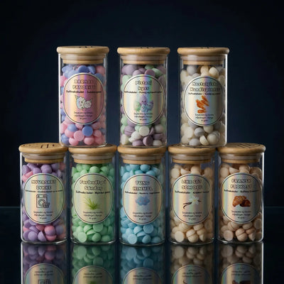Åtte glass med åtte ulike dufter med duftvoks. Barnas favoritt, pistasj kyss, nostagiske kandispinner, nyvasket lykke, forbudt på søndag, tung himmel, like søt som deg og fransk frokost. Åtte herlige dufter laget av soyavoks og bivoks i norge. Brukes sammen med en duftbrenner for å spre deilig duft ut i rommet.