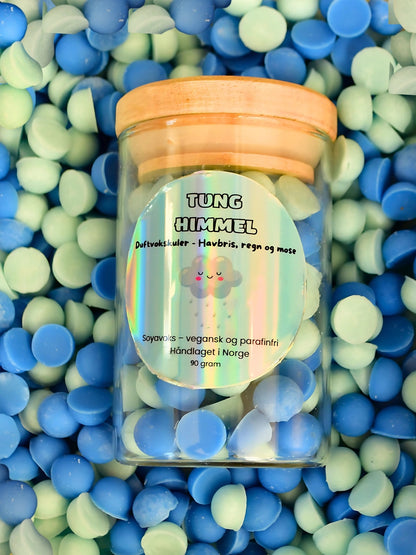 Duftvoks kuler i lyse og mørkeblå farge. Kulene har en forfriskende duft av regn, mose og havbris. Håndlaget i Norge. Glasset ommer 90gram med duftvoks. 
Nydelig glasskrukke som er perfekt å gi bort i julegave eller bursdags gave til noen som har alt og liker den friske herlige duften av naturen. 