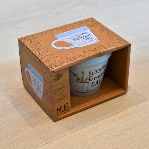 Blå potte plante kopp til den plante glade pappaen i esken sin. 