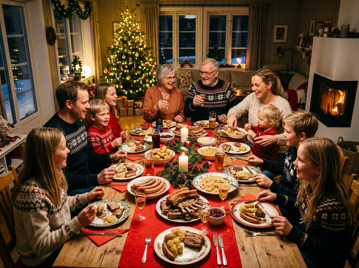 Familie samlet rundt langbordet på julebord hjemme, med juletre og peis i bakgrunnen