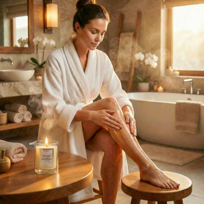 Serumlyset i bruk på badete. Kroppspleie lyset laget av naturlige oljer er her tent. En dame som sitter og smører kroppen med deilige, næringsrike, pleiende oljer. PlanteOljene er varmet opp av lyset som er tent. Egenomsorg og avslappning er viktig. Noen ganger trenger man bare litt tid for seg selv, for å roe ned å koblet fra alt mas og kjas i hverdagen. 