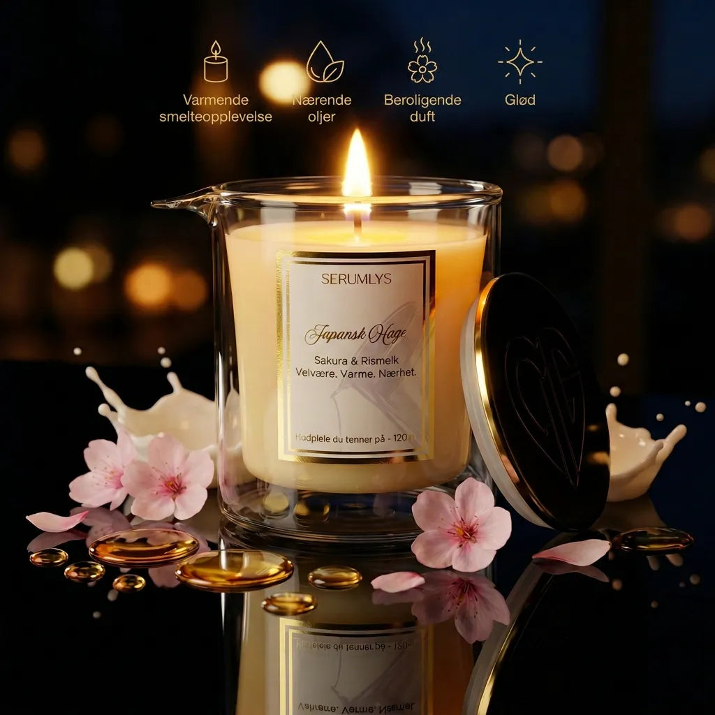 Japansk hage er et serumlys med naturlige oljer. Bivoksen i lyset gjør at lyset stivner, og når det tennes så smelter oljene til en herlig naturlig varm oljeblanding man kan bruke på hele kroppen. Den pleier, varmer, får alle musklene i kroppen til å slappe av, gir ro, vellvære, selvpleie og en haug med andre fordeler for kroppen og helsen. Med en fantastisk duft av sakura og rismelk. Dette er hudpleie du tenner på, bokstavlig talt! 