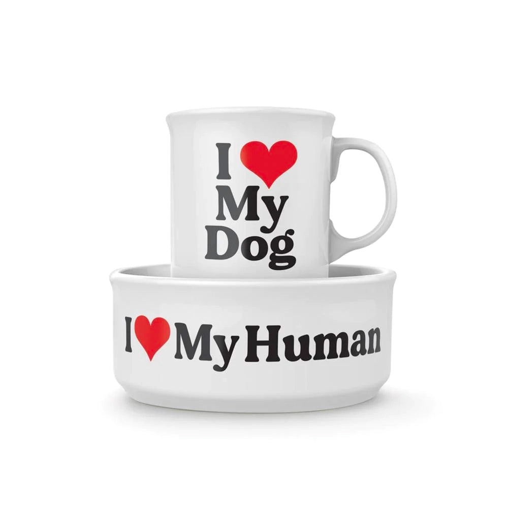 Hundeskål og kaffekopp/ I love my human i keramikk. Fantastisk julegave eller bursdagsgave til både hund og hunde-eier. Matchende sett med kaffekopp til hunde eieren og matskål til hunden. 
