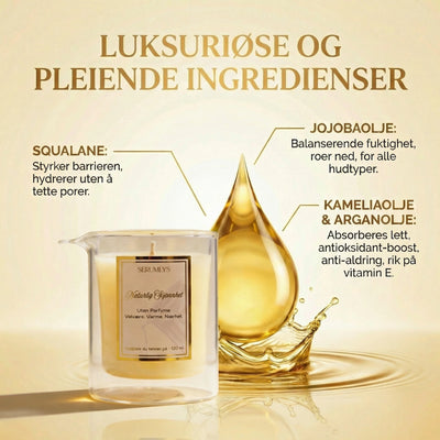 Informasjon om serumlyset. Luksuriøse og pleiende ingredienser. Squalane, jojobaolje, kameliaolje, arganolje. Absorberer lett, antioksidant-boost,anti-aldring, rik på e vitamin. Squalane, styrker barriren, hydrerer uten å tette porer. Balanserende fuktighet, roer ned, for alle hudtyper. 