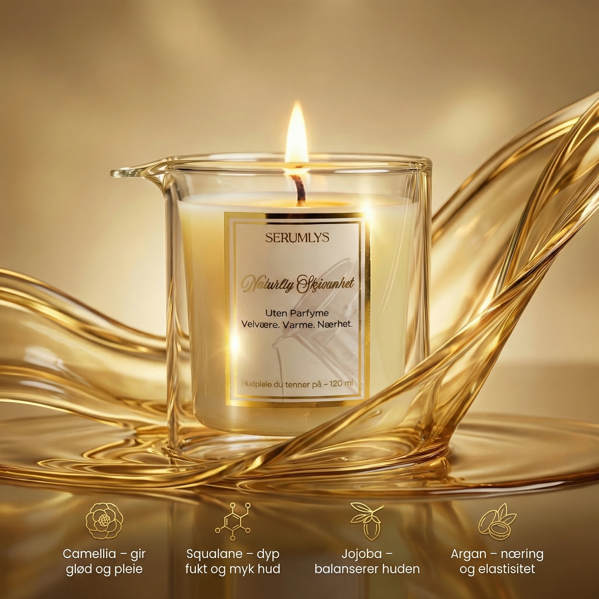 Informasjon om serumlyset. Luksuriøse og pleiende ingredienser. Squalane, jojobaolje, kameliaolje, arganolje. Absorberer lett, antioksidant-boost,anti-aldring, rik på e vitamin. Squalane, styrker barriren, hydrerer uten å tette porer. Balanserende fuktighet, roer ned, for alle hudtyper. 
