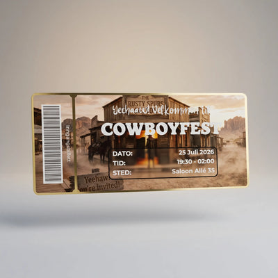 Invitasjonskort til en cowboy fest eller arrangement. Med folierte kanter og tekst og strekkode. Invitasjonen er designet som en inngangsbillett. En morsom og elegant måte å invitere til festen på. Kortet kommer med Dato, tid, sted og annen tekst du ønsker. Håndlaget i Norge