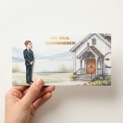 En konfirmasjonskort til de som skal konfirmeres. En gutt står foran en kirke. Når du drar i pilen, så går gutten bort til kirkedøren, og detaljene om konfirmasjonen vises. Kortet kan lamineres i matt eller glossy, og gjestens navn kan gullfolieries inn sammen med teksten man ønsker.