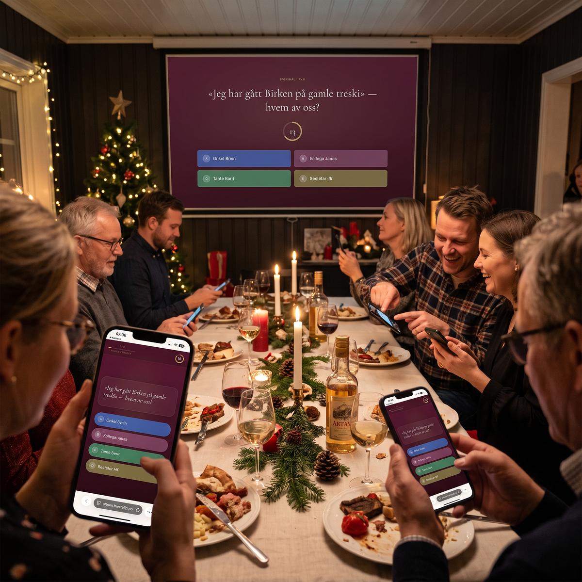 Julemiddag med fun fact quiz på storskjerm. Julebordet med morsomme funfacts om hverandre som underholdning. Underholdning som passer for både store og små. Bli bedre kjent med menneskene på julebordet, med humor, godt humør og god stemning rundt bordet. 