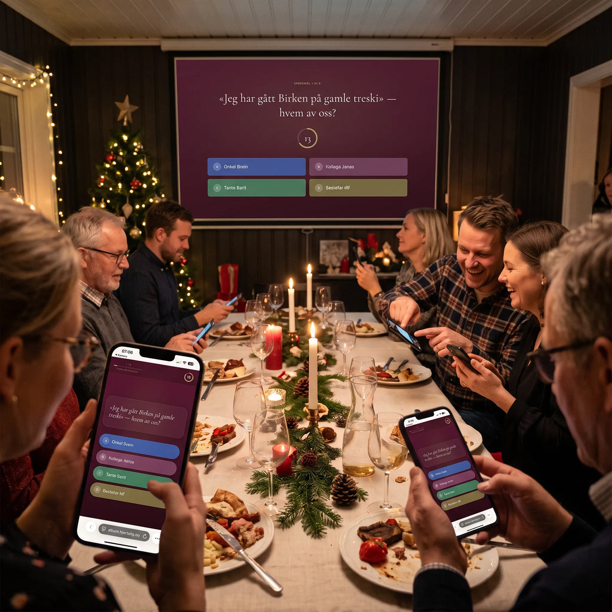 Julemiddag med fun fact quiz på storskjerm. Julebordet med morsomme funfacts om hverandre som underholdning. Underholdning som passer for både store og små. Bli bedre kjent med menneskene på julebordet, med humor, godt humør og god stemning rundt bordet. 