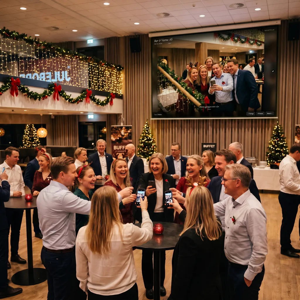 Julebord med hjerteminner album på storskjerm. Alle kollegaene får en qr kode og kan laste opp bilder hele kvelde. Bildene dukker live opp på storskjerm i lokalet. 