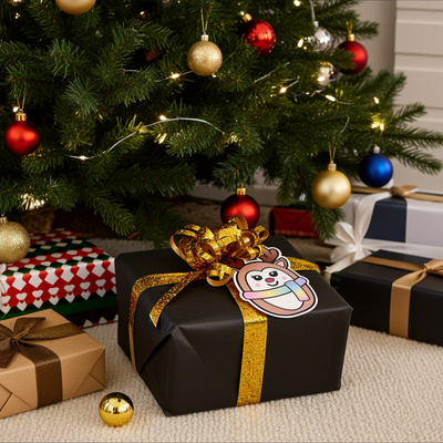 Søt pastell reinsdyr tegneserie med skjerf som henger på julegaven. Her ser man hvor mye en liten detalj gjør man gaven under treet. Til og fra lapper i bruk som virkelig skiller seg ut. Moderne pastell farger som gir gavene et unikt utrykk og innpakning som vil bli lagt merke til under juletreet. 