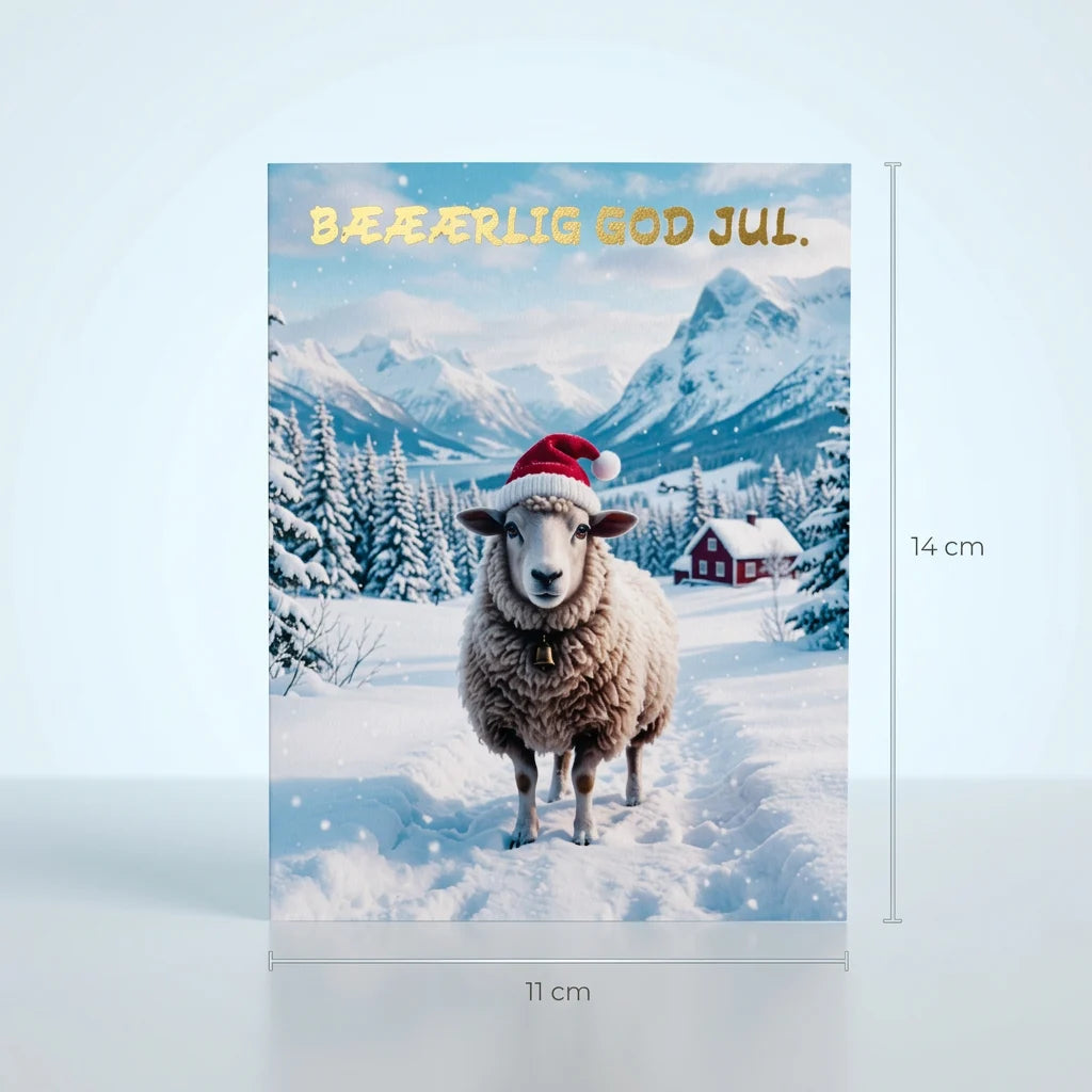 Julekortet med sau og «Bæærlig god jul» i gullfolie med mål. Det doble brettekortet er 11 cm bredt og 14 cm høyt. En kreativ julegave til den som har alt, der gaven skrapes fram inni kortet.