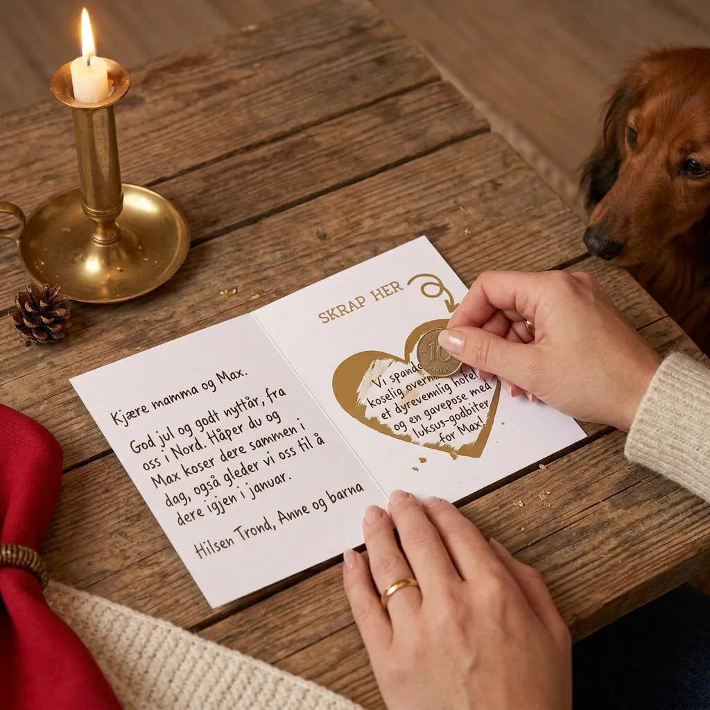 Kreativ julegave i et dachshund julekort. Overraskelsen ligger under skrapehjertet. Spenning og underholdning når man skal finne ut hva som befinner seg under hjertet ved å skrape bort klistremerke med en mynt. Her ser man julekortet i brukt. Dachshunden ser spent på overraskelsen mens mamma skraper den fram. 