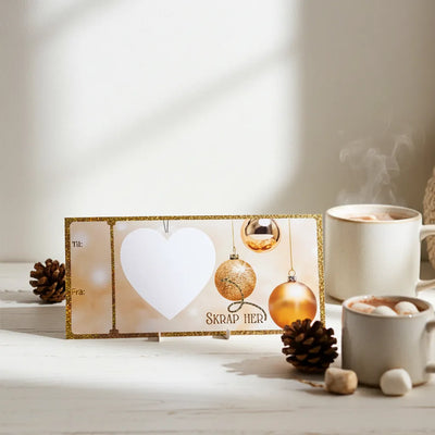 Håndlaget julekort / gavekort for opplevelse og overraskelse. Morsomt skrapelodd-kort hvor man må skrape fram overraskelsen på samme måte som man skraper flakslodd. Kortet som skiller seg ut fra andre kort og gjør gaven enda mer spennende og unik. Dette designet har glitter gullfolie rundt seg og det er julekuler som henger ned. Egent felt hvor man skriver hvem gaven er til og fra. 