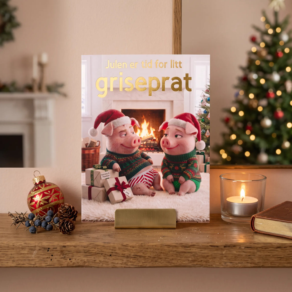Morsomt julekort med teksten "julen er tid for litt griseprat". Perfekt til kjæresten med god humoristisk sans. Gulldetaljer og bilder av to kjærestegriser på kortet. Her står julekortet utstilt hjemme på hyllen. 