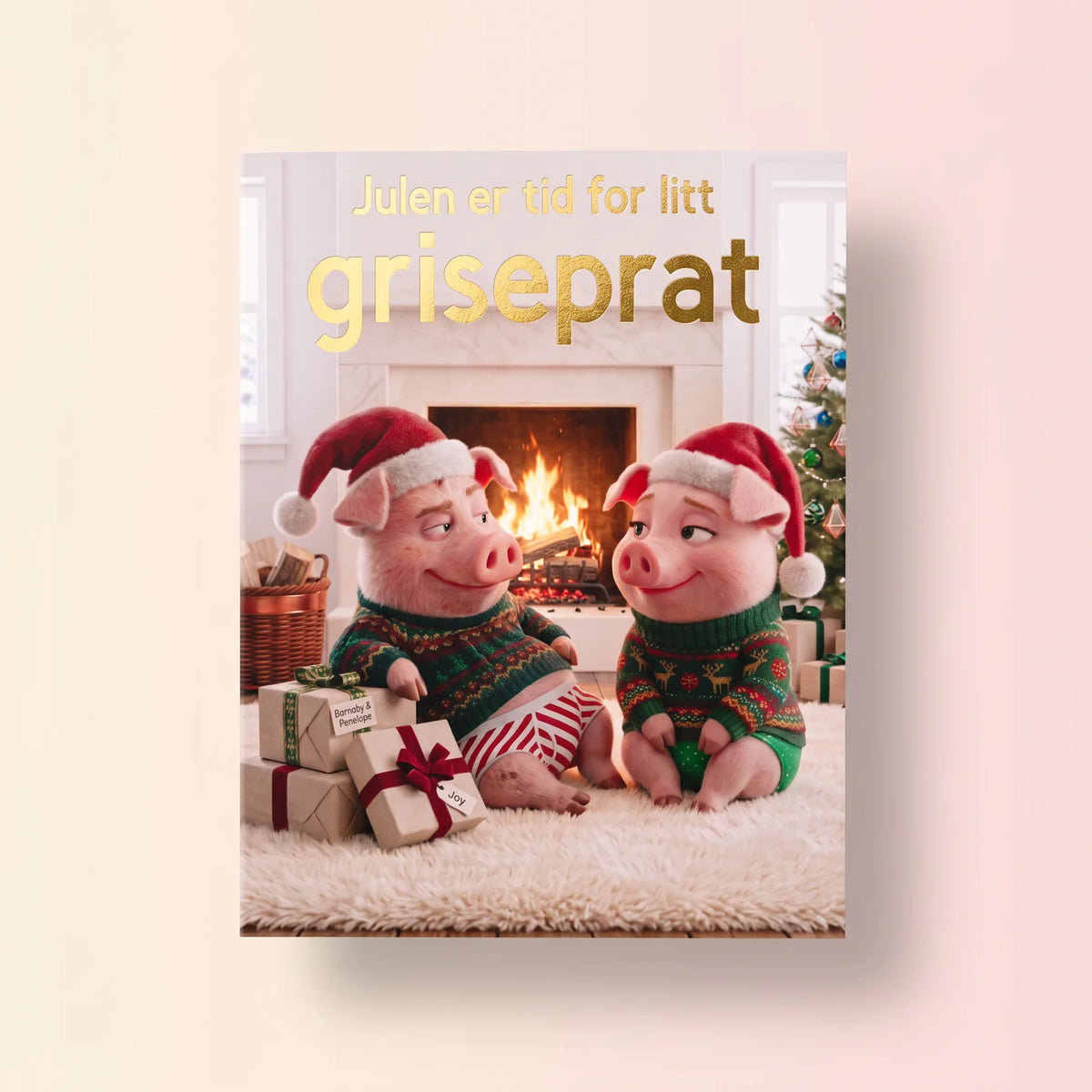 Morsomt dobbelt julekort med to griser i strikket julegenser og nisselue foran peisen, med juletre og pakker rundt seg. «Julen er tid for litt griseprat» står i gullfolie på forsiden. Inni kortet er det gjemt et skrapehjerte, så julegaven kan skrapes fram som en overraskelse.