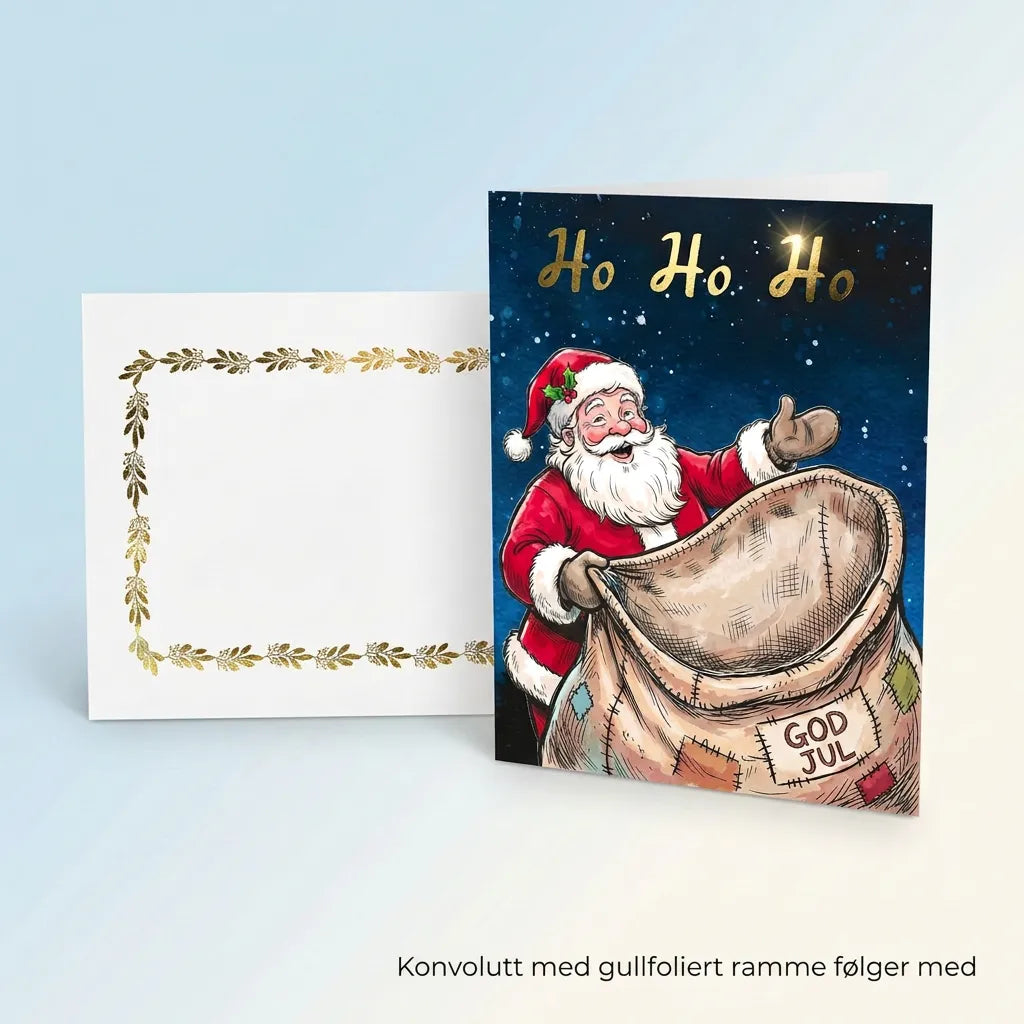 Julekort med nisse og nissesekk med gullfoliert tekst og konvolutt. Sekken på kortet har en skjult lomme for å legge sedler i. En morsom måte å gi en pengegave til jul. Alle kort kommer i en gullfoliert konvolutt
