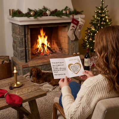 Julegaven er skrapt fram under skrapehjertet. Her er det julestemning med fyr i peisen. Damen har fått spa opplevelse av kjæresten sin til jul. 