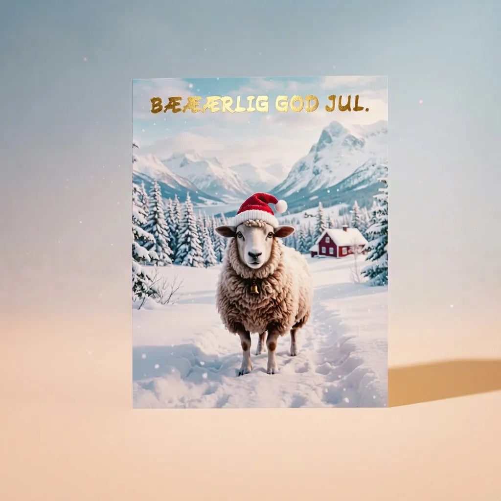 Dobbelt julekort med en ullen sau i nisselue og bjelle i et norsk vinterlandskap med snødekte fjell og et rødt hus. «Bæærlig god jul» står i gullfolie på forsiden. Inni kortet er det gjemt et skrapehjerte, så julegaven kan skrapes fram som en overraskelse. Et morsomt julekort til den som har alt.