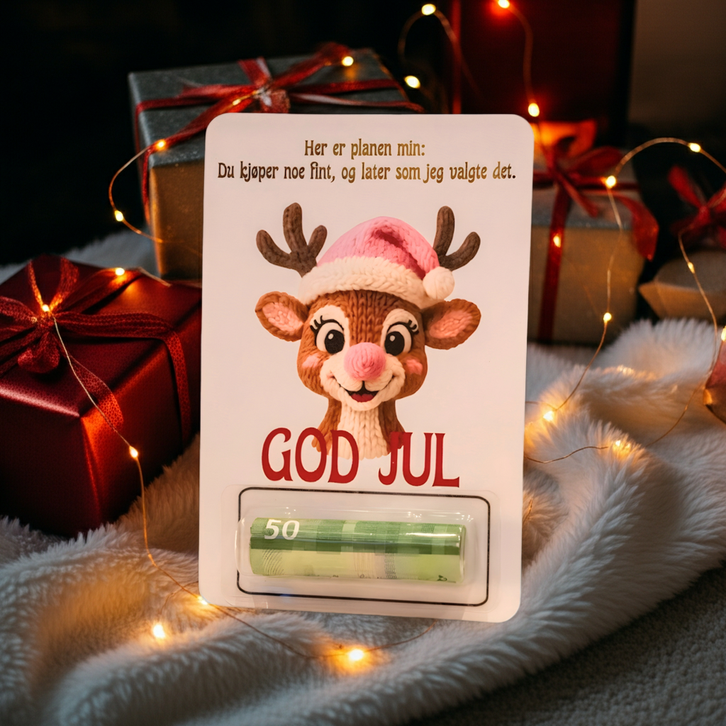 Håndlaget julekort til deg som ønsker å gi bort penger til jul, og trenger en unik og morsom måte å gi de bort på. Vi har løsningen. Putt ønsket pengesum i plastlommen, og fest lommen med tapen. Kortet har et nydelig søtt reinsdyr på seg som ser ut som det er strikket, med en fin nisselue på. Tenkten på kortet er "her er planen min: du kjøper noe fint, og later som jeg valgte det". Morsom og nydelig måte å gi bort penger i julegave på. 