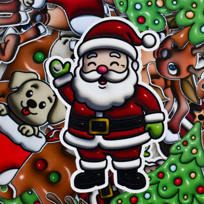 Julenisse som ser veldig glad ut. Han vinker og smiler sånn som julenissen ofte gjør. Han er vell glad for at det endelig er jul. Det er et hull i hånden hans som gjør det enkelt å få gavebåndet igjennom. På baksiden skriver man hvem gaven er til og fra. Gi gavene det lille ekstra i år med håndlagde boble gavelapper. 