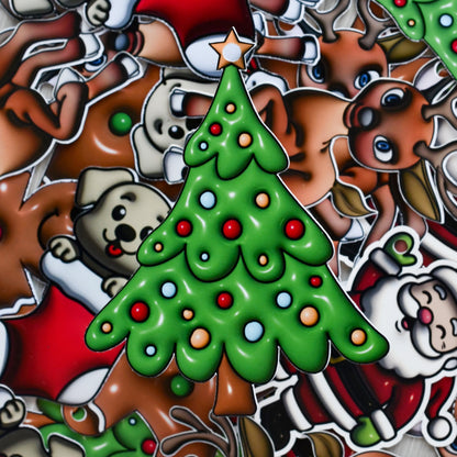 Gave lapper med boble design. Juletre med julestjerne og julekuler ferdig pyntet. På baksiden skriver man hvem gaven er til og hvem den er fra også kan man henge den på julegaven ved å feste båndet i julestjernen da det er et ferdig hull i stjernen som gjør det enkelt å få julegave båndet igjennom stjernen. 