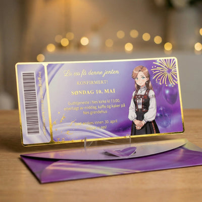 Nydelig konfirmasjonsinvitasjon med bilde av en animert jente i bunad. Kortet har nydelige gull detaljer. Teksten tilpasser man sånn man ønsker. Dette er et kort som skiller seg litt ut fra andre konfirmasjons innbydelser fordi det fungerer som en inngangsbillett til konfirmasjonen. 