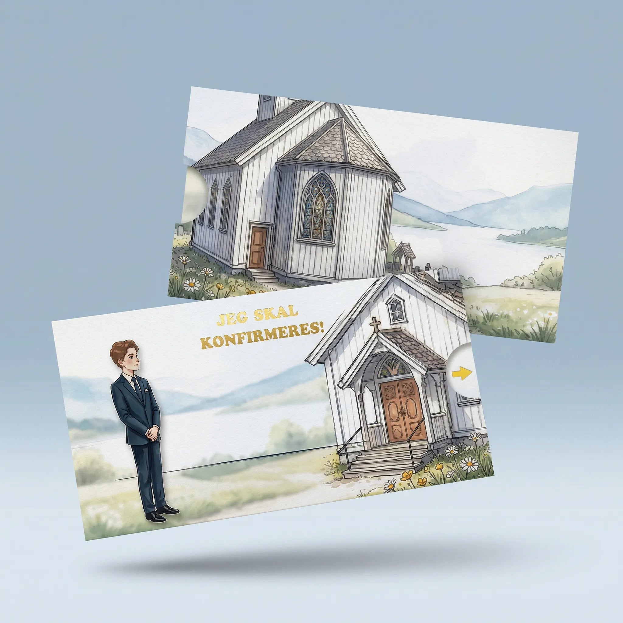 Et invitasjonskort til konfirmasjon som viser fremside og bakside av kortet. Dra i pilen og se konfirmanten gå mot kirken. Detaljene om konfirmasjonen vises, med gullfoliert tekst og detaljer som tid, sted og dato.