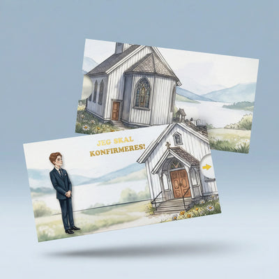 Et invitasjonskort til konfirmasjon som viser fremside og bakside av kortet. Dra i pilen og se konfirmanten gå mot kirken. Detaljene om konfirmasjonen vises, med gullfoliert tekst og detaljer som tid, sted og dato.