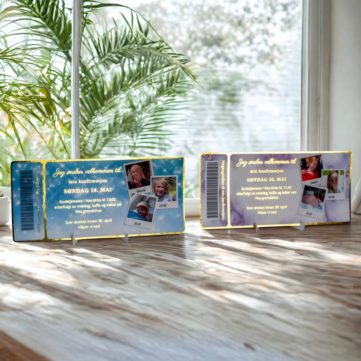 To konfirmasjonsinvitasjoner for gutt og jente med egne bilder. Kortene er laget som en inngangsbillett med strekkode. Rammen er gullfoliert og kommer med tekst du selv skriver inn under bestilling.