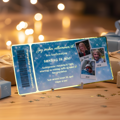 Konfirmasjonskort med nydelige gulldetaljer. 3 personlige bilder av konfirmanten og personlig tekst på kortet, som blir foliert med gullfolie. Inngangsbillett til min konfirmasjon står det på billetten. En morsom og unik måte å invitere familie og venner til konfirmasjon på. 