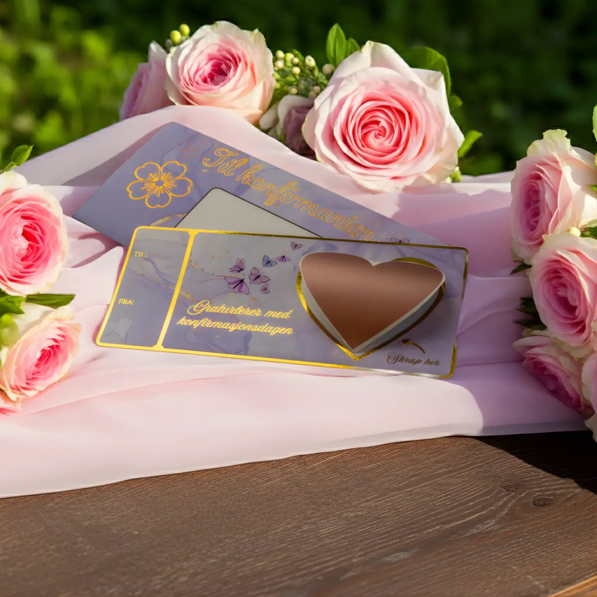 Konfirmasjons gaven som skiller seg ut. Her kan man se konfirlutten og kortet med flotte gulldetaljer. Hjerte klistremerke ligger løst oppå kortet, og dette skal festes  på når man har skrevet hva man ønsker å gi bort til konfirmanten på kortet. Skrapelodd er en morsom måte å gi bort en opplevelse, frisørtime, reise eller hva det nå enn måte være. Uansett hva du ønsker å gi bort så blir dette en morsom og unik opplevelse. 