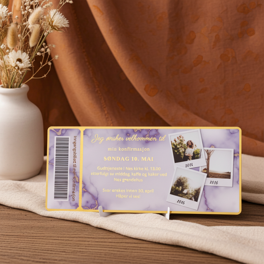 Håndlaget konfirmasjons invitasjon som står utsstilt på bordet med blomst vesidenav. Dette kortet har gulldetaljer som gir det et luksuriøst utsende, sammen med marmor bakgrunn i lilla farge. Gjør kortet personlig med 3 bilder av konfirmanten på siden. Inviter til konfirmasjon med en billett. Morsom og kreativ invitasjon som skiller seg ut. 