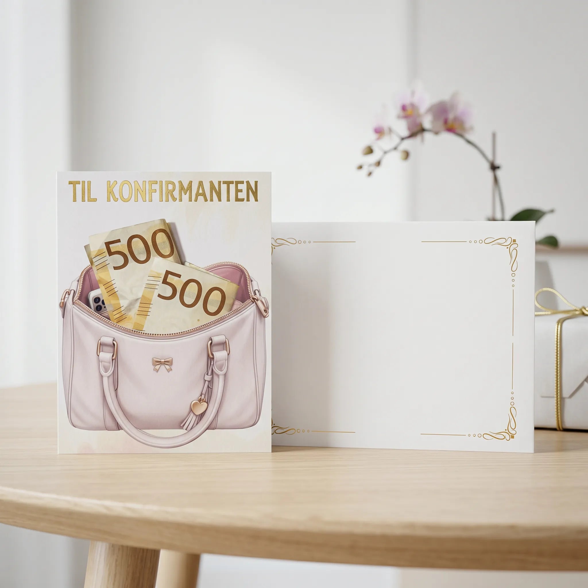 Konfirmasjonskort til jente i bruk. Dette kortet er perfekt til konfirmanten som ønsker seg penger og du ønsker en morsom men samtidig stilful måte å gi konfirmasjonsgaven på. Kortet har nemlig en lomme på seg, så det ser ut som at man har puttet pengene oppi vesken på forsiden av kortet. Penger er ofte det konfirmanten ønsker seg, men det kan ofte være litt kjedelig å gi bort. Dette problemet har vi løst med dette kortet. 
