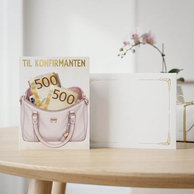 Konfirmasjonskort til jente i bruk. Dette kortet er perfekt til konfirmanten som ønsker seg penger og du ønsker en morsom men samtidig stilful måte å gi konfirmasjonsgaven på. Kortet har nemlig en lomme på seg, så det ser ut som at man har puttet pengene oppi vesken på forsiden av kortet. Penger er ofte det konfirmanten ønsker seg, men det kan ofte være litt kjedelig å gi bort. Dette problemet har vi løst med dette kortet. 