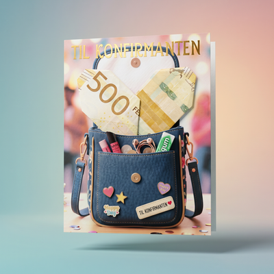 Pengegave til konfirmanten som er morsom å gi bort. Her kan man se en 500 lapp som er brettet til et hjertet og puttet i pengelommen på konfirmasjonskortet. På toppen av kortet står det "til konfirmanten" med gull vinyl som er festet utenpå kortet. Lommen til pengene er plassert akkurat på vesken, så det ser derfor ut som at pengene ligger oppi vesken. 