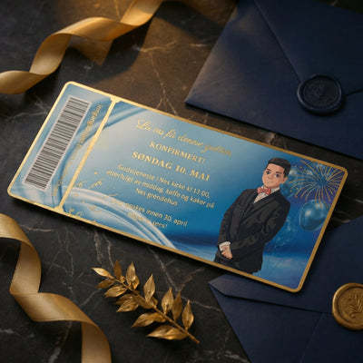 Konfirmasjonsinnbydelse til gutt. Dette kortet er en inngaangsbillett med strek-kode til konfirmasjonen. På kortet er det en animert gutt i dress. Kortet har gull foliert tekst og kant rundt kortet. Teksten er personlig tilpassningsbar. Blått kort håndlaget i Norge. 