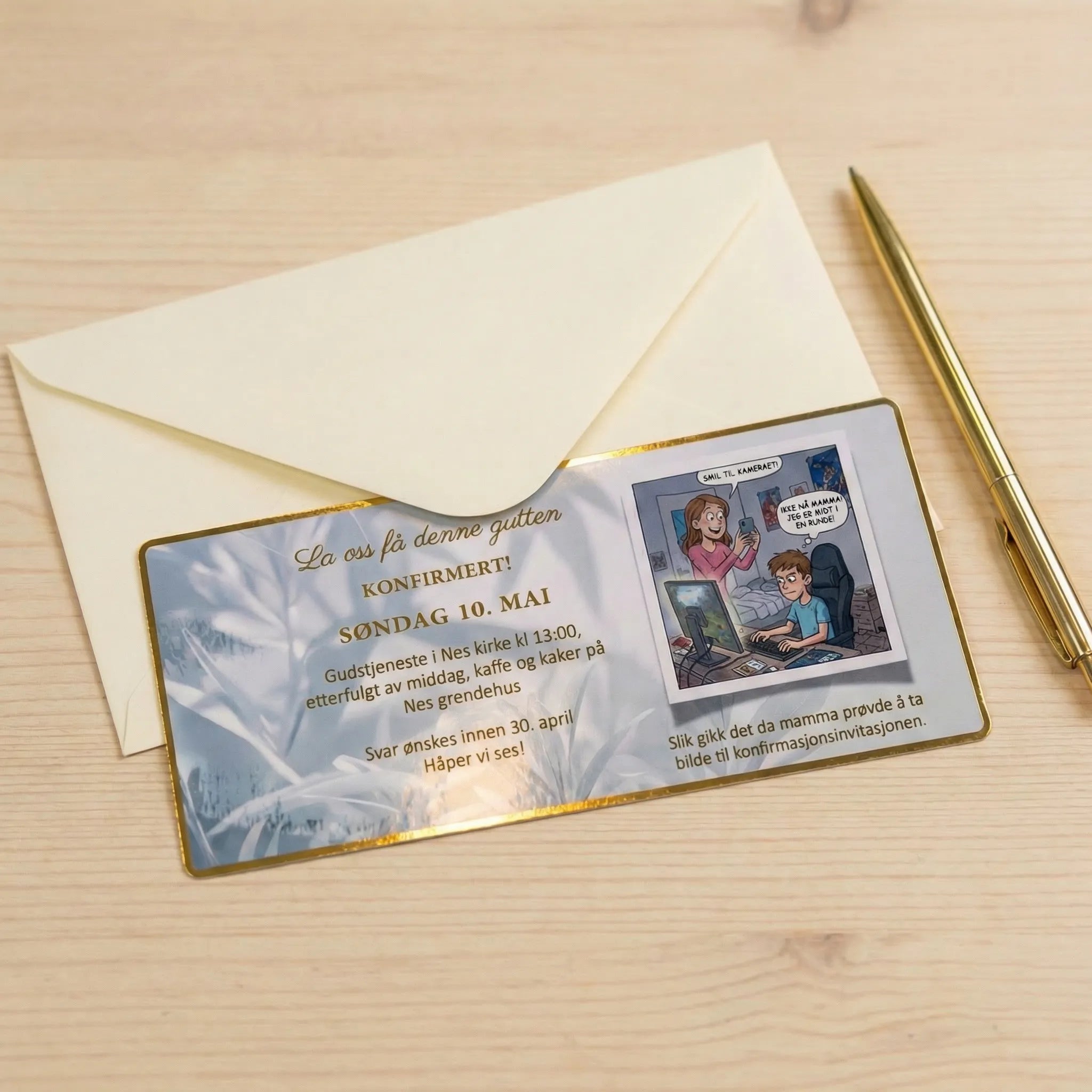 Håndlaget konfirmasjons invitasjon /innbydelse med nydelige gulldetaljer. Her kan man få personlig tekst på kortet. Det er en tegneserie rute av en gutt som ikke vil bli tatt bilde av så moren får laget innvitasjoner. Humor og eksklusivitet på invitasjonen til konfirmasjonen. 