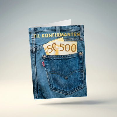 Konfirmanten ønsker seg ofte penger til konfirmasjonen. Da er dette kortet perfekt. Det både skiller seg ut fra andre kort og er praktisk. Her har man en lomme på forsiden som ser ut som baksiden av en dongeribukse, hvor man faktisk kan putte penger i lommen. Kortet har nydelig gull vinyl tekst på framsiden og siden dette er et dobbelt kort så er det plenti med plass til å skrive det man måtte ønske til konfirmanten inni kortet. 