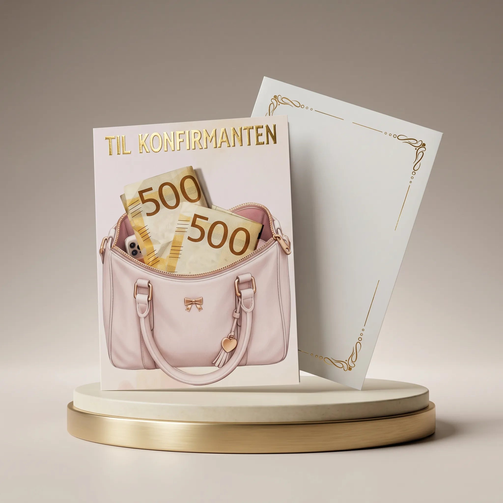 Konfirmanten ønsker seg ofte penger, og hva er vell bedre enn å kunne gi en konfirmasjonsgave man vet konfirmanten ønsker seg? Dette kortet gjør det gøy å gi bort penger i gave. Perfekt når man vil gjøre det lille ekstra som konfirmanten garantert vil huske. Kortet er elegant med gull vinyl tekst og en pengelomme som man fysisk kan putte ønsket pengesum til konfirmanten i. Bilde viser kortet i bruk og konvolutten som også følger med. 
