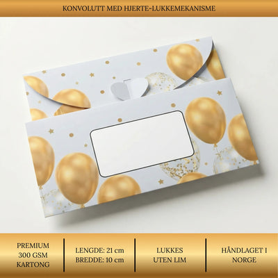 Konvolutt med ballong design. Denne konvolutten er laget av tykk kartong. Den har ballonger, stjerner og rundinger på seg og er i fargen lyseblå. Konvolutten har en fin lukke og åpne mekanisme som er formet som et hjerte. Det er ingen lim eller tape brukt. Kan brukes flere ganger. 