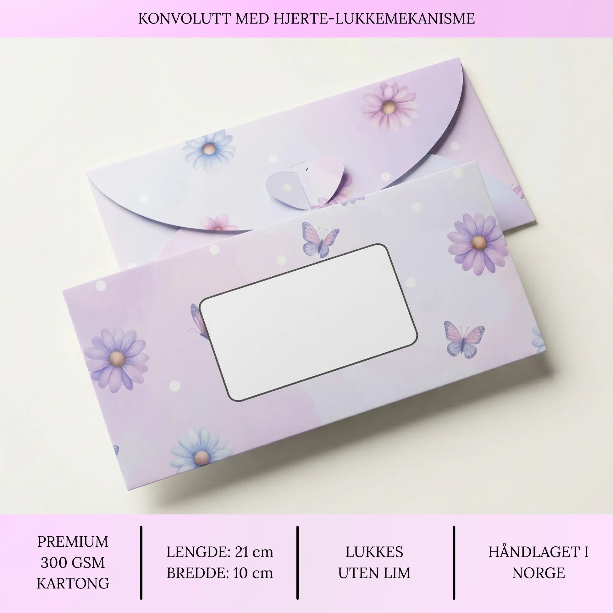 Konvolutt håndlaget i Norge. Design med blomster og sommerfugler. Lilla farge. Premium kartong. Konvolutten er 21cm lang og 10cm bred. Man trenger ikke lim for verken å åpne eller lukke konvolutten. Den har et hjerte som låser konvolutten. Egent felt hvor man kan skrive personlig tekst på forsiden. 