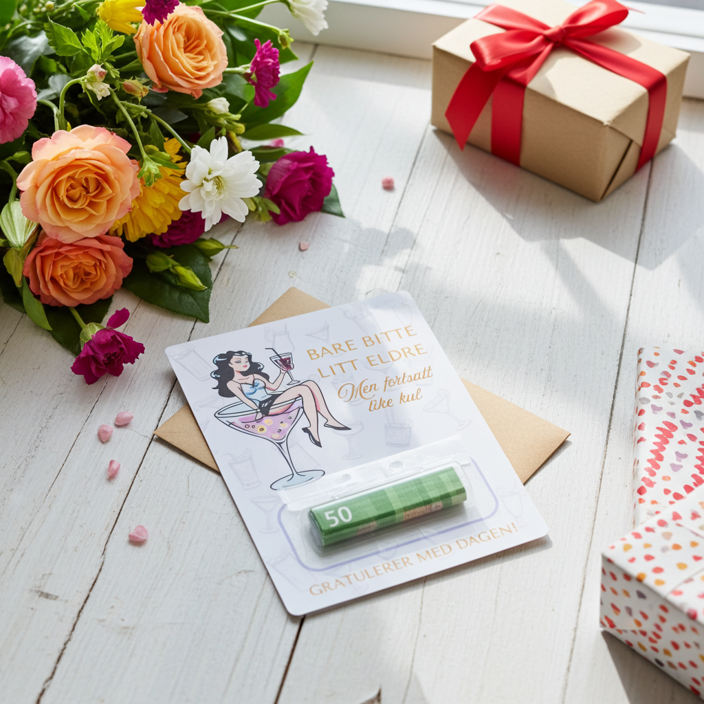 Bursdags kort med penge lomme som ligger på et bord med gaver og blomster rundt seg. Her har bursdagskortet fått 50 kroner i seg og er klar til å gies bort til bursdagsbarnet. Et håndlaget unikt kort som også er praktisk og skiller seg ut. Med tekst og en dame som sitter i et cocktail glass med drinken sin. 