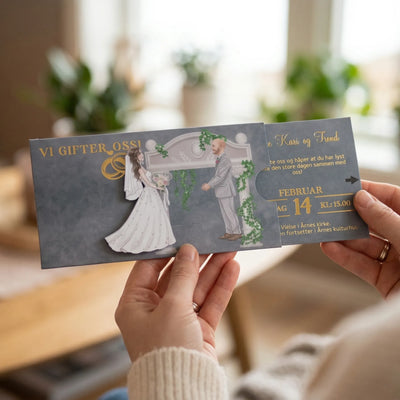 Invitasjon til bryllup. Bryden går mot brudgommen når man drar ut informasjonsdelen på kortet. Vi gifter oss og to gullringer er gullfoliert på kortet. Detaljene med tid, dato, sted og annen informasjon kommer også i gullfoliering, og kan tilpasses med gjestens navn og med sin egen tekst. Kortet kan også lamineres i matt eller glossy type. En interaktiv og eksklusiv invitasjon som gir wow faktor.