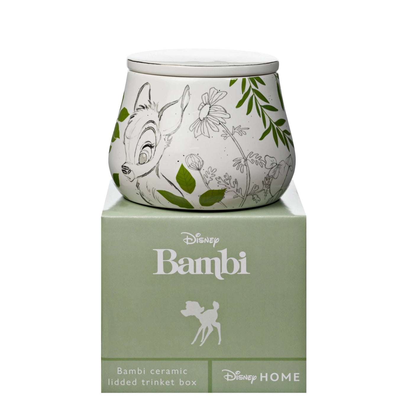 Krukke med bambi sammen med eske. Perfekt å gi i gave til disneyglade fans. Nydelig bambi tegninger rundt krukken  og blomster. Krukken kommer med lokk så her er det bare å fylle krukken med dine favoritter uten å være redd for at det skal bli støvete.