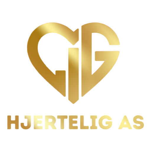 Hjertelig AS sin logo i gull. Logoen består av tre bokstaver L, I og G som formes til et hjerte. Under logoen står firmanavnet Hjertelig AS