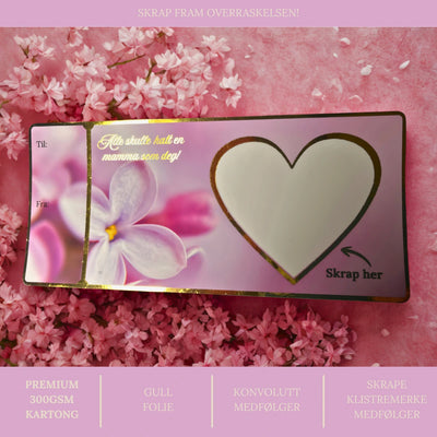 Informasjons om morsdagskortet med skrapehjerte. Det er laget av premium kartong, gullfolie, det følger med konvolutt med dette kortet og et skrape klistremerke som skal klistres over når man har skrevet det man ønsker inni hjertet. 